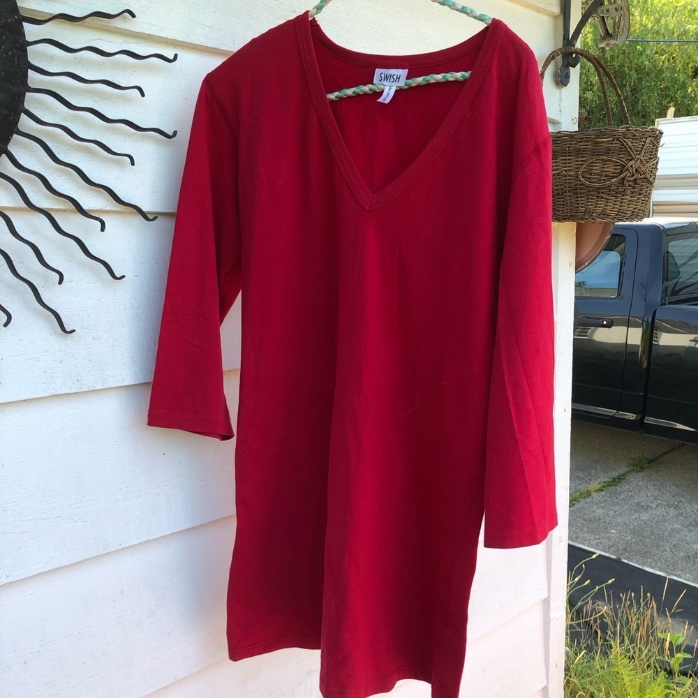 Swish Red Long Sleeve V-Neck top-20”across- dress up or down- jeans -leggings